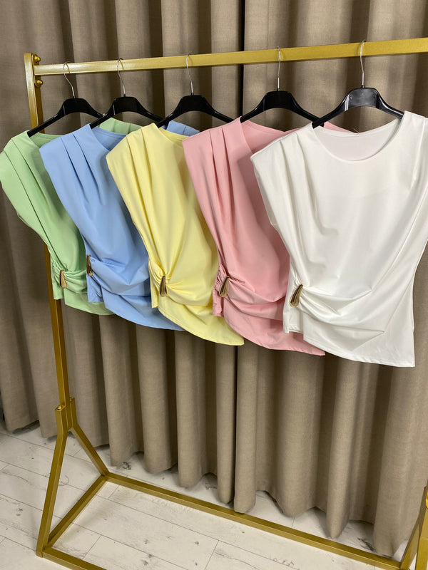 Elegant Padded Shoulder Slinky Top with Gold Detail