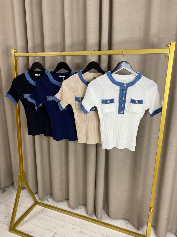 Vanisha Denim Detail Ribbed Button Up Top