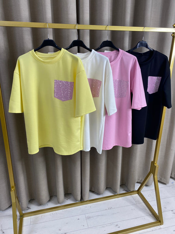 Zahira Pink Rhinestone Embellished Pocket Round Neckline Top