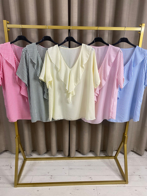 Jenim Frill Plunge Neckline Check Print Top