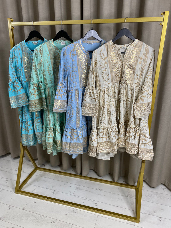 Cartney Gold Foil Tiered Dress