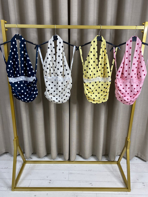 Esmay Halter Lace Detail Polka Dot Top