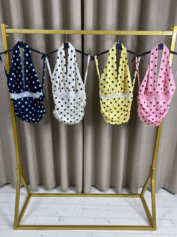 Esmay Halter Lace Detail Polka Dot Top
