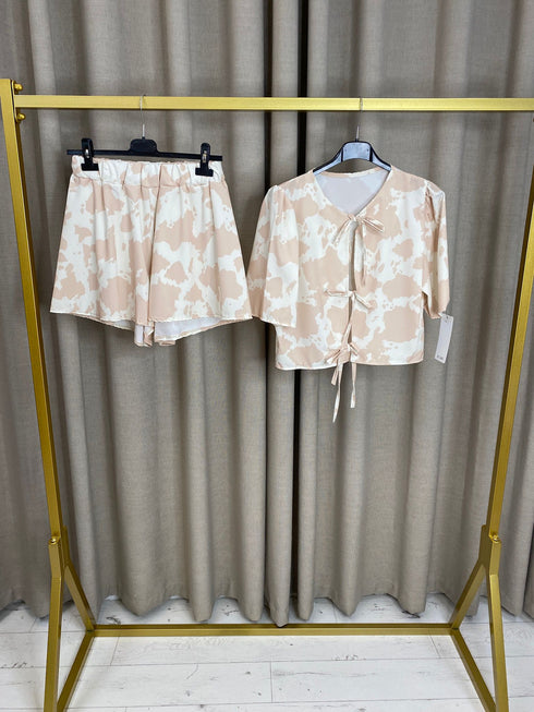 Carris Cow Print Tie Front Top and Shorts Co-Ord Set