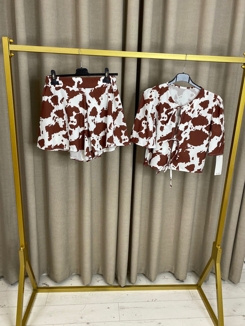 Carris Cow Print Tie Front Top and Shorts Co-Ord Set