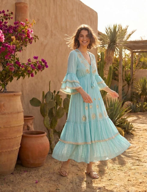 Cadence Tiered Embellished Tassel Maxi Dress