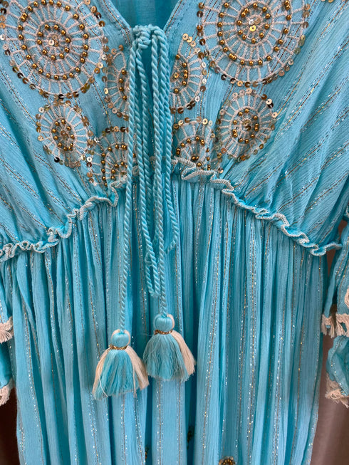 Cadence Tiered Embellished Tassel Maxi Dress