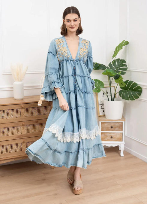 Maurvin Denim Blue Embroidered Tiered Dress
