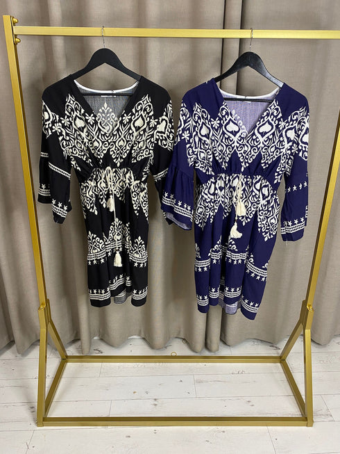 Giane Aztec Print Tassel V Neck Dress