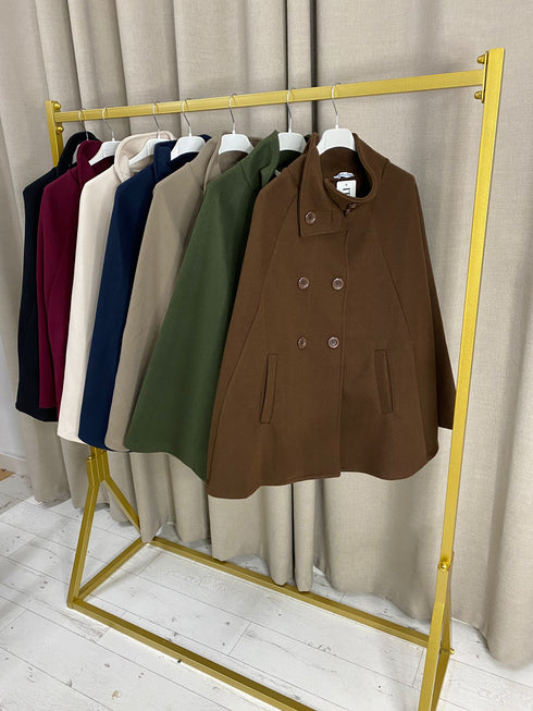 Raema Double Breasted High Neck Cape Poncho