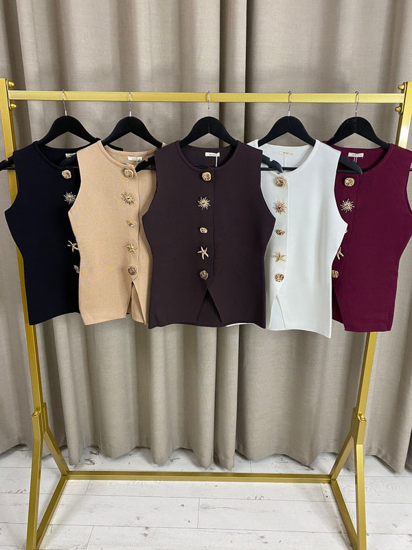 Aliviah Embellished Button-Front Sleeveless Vest