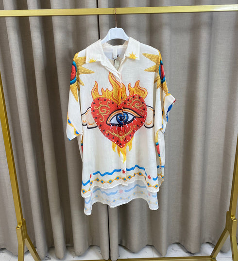 Carisen Linen Printed Oversized Shirt