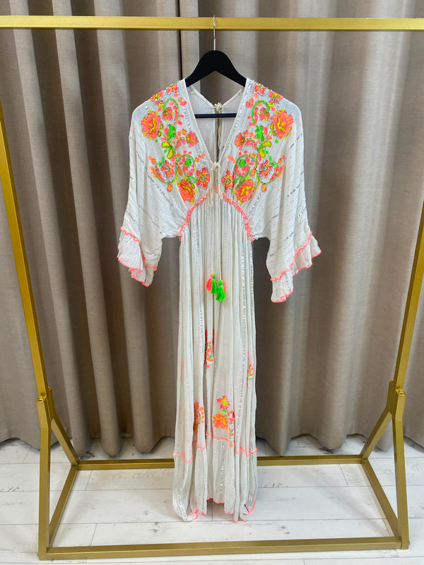 Lanah Silver Lurex Embellished Tassel Maxi Dress
