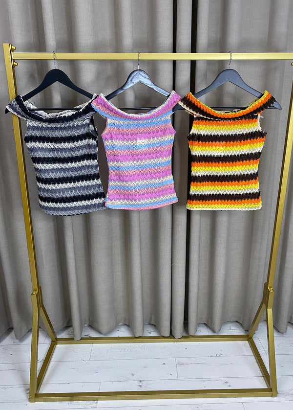 Arame Stripe Crochet Off Shoulder Top