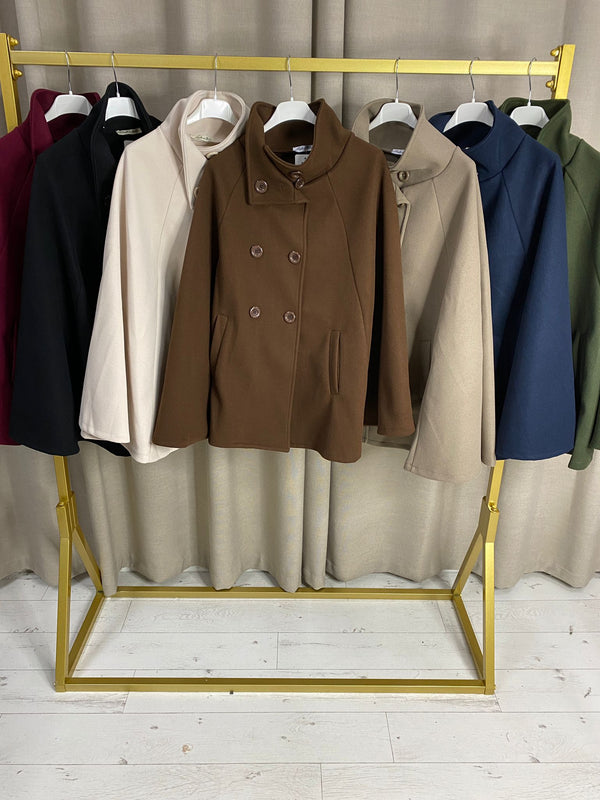 Raema Double Breasted High Neck Cape Poncho