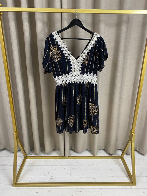 Roxsana Embroidered Gold Foil Plunge Dress
