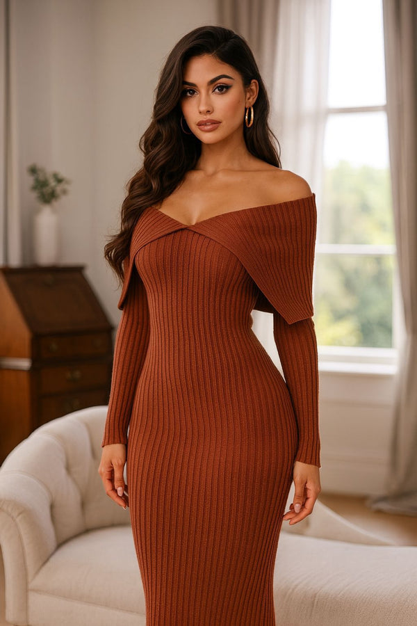 Elvina Ribbed Knit Off Shoulder Midaxi Dress