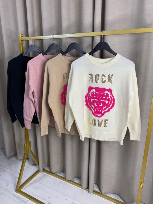 Laissa Tiger Knit Jumper with Rock Love Sequin Slogan