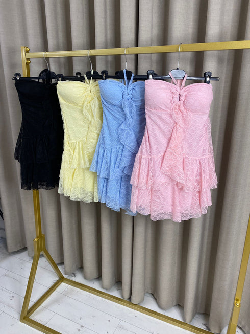 Vanille Lace Frill Tie Neck Mini Dress