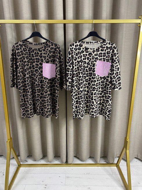 Myrah Pink Rhinestone Embellished Pocket Round Neckline Leopard Top