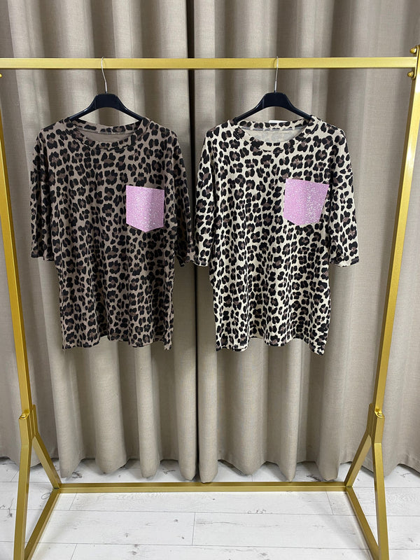 Myrah Pink Rhinestone Embellished Pocket Round Neckline Leopard Top