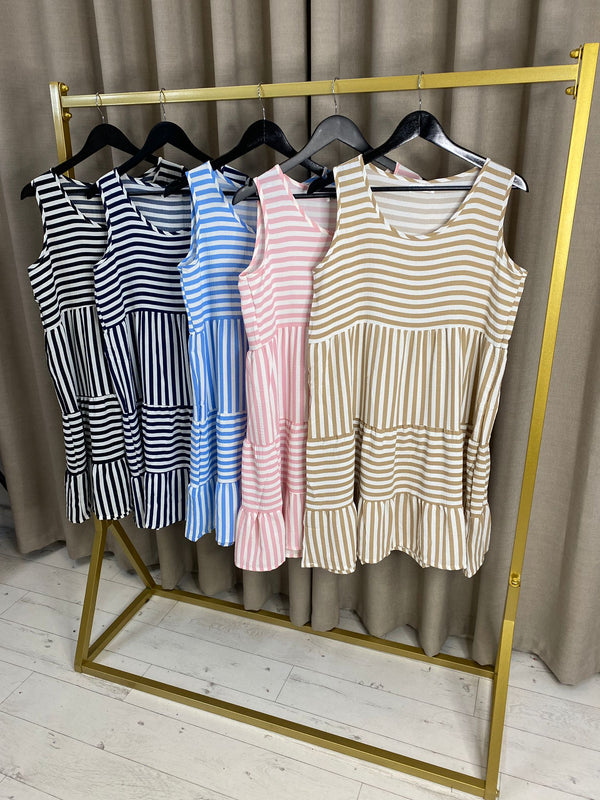 Pavla Round Neck Stripe Tiered Midi Dress
