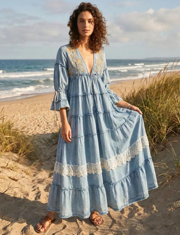 Maurvin Denim Blue Embroidered Tiered Dress