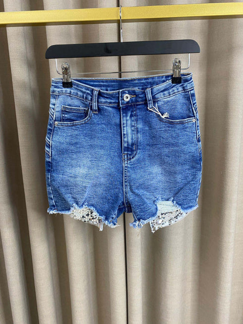 Diara Sequin Pocket Ribbed Distressed Denim Shorts