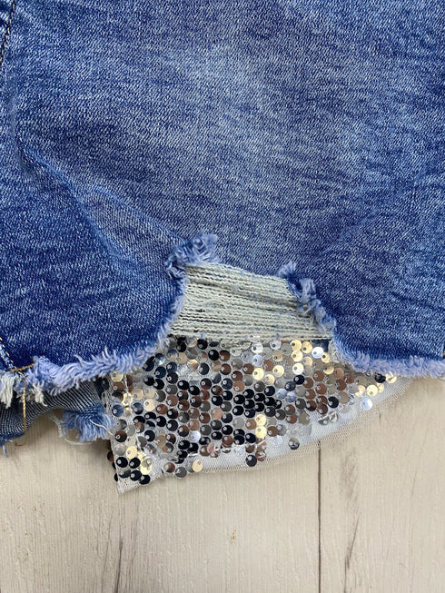 Diara Sequin Pocket Ribbed Distressed Denim Shorts