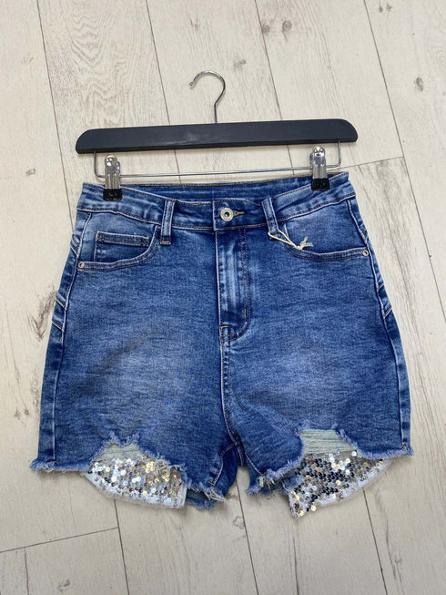 Diara Sequin Pocket Ribbed Distressed Denim Shorts