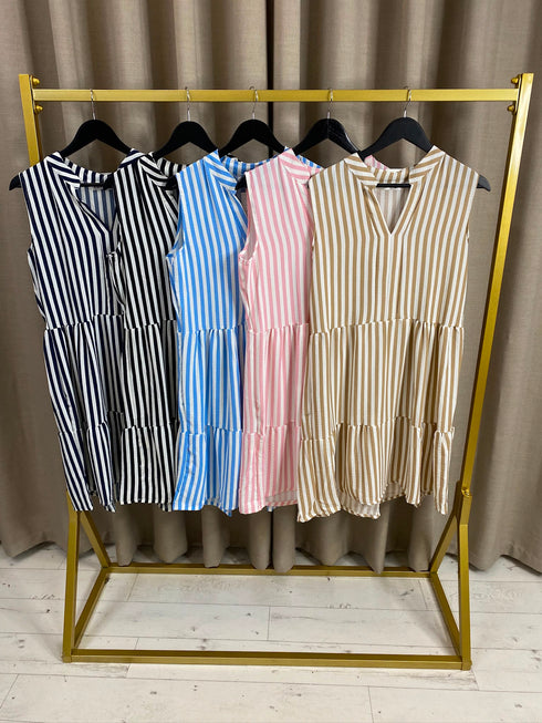 Ronnie Stripe Tiered V Neck Midi Dress