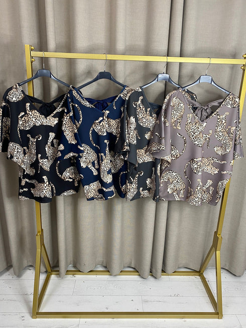 Olisa Leopard Print Satin Tie Bow Top